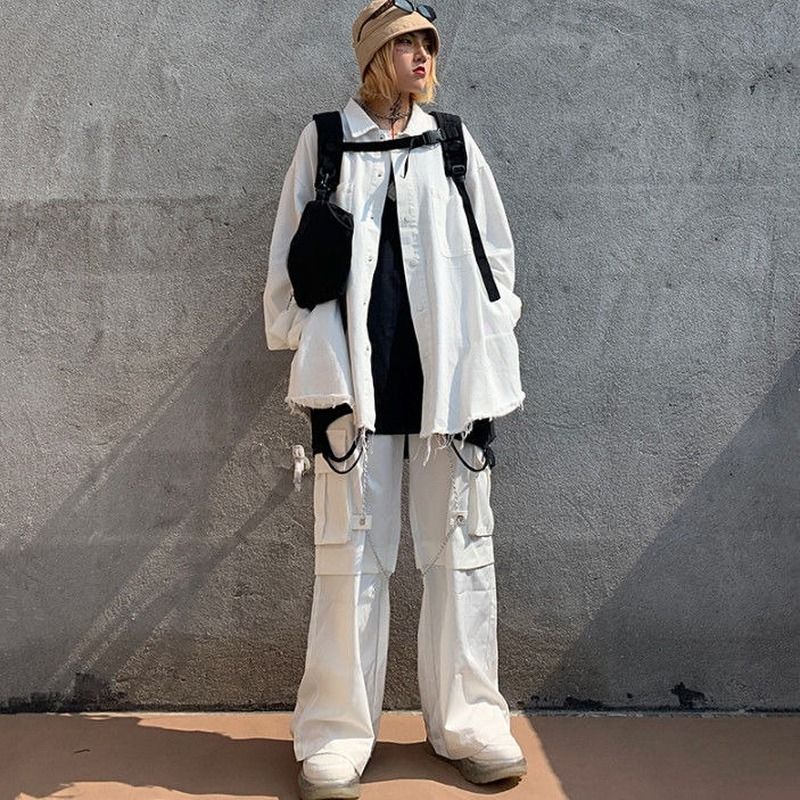 Qweek Harajuku Gothic White Cargo Pants With Chain Women Mall Goth Hot Pants