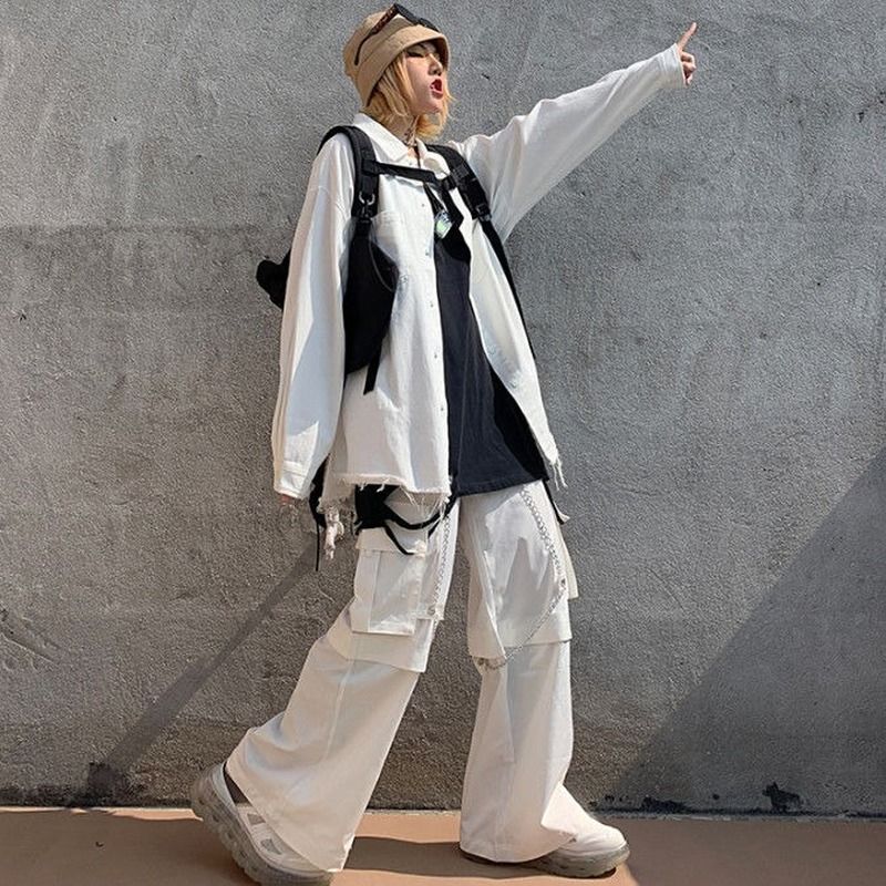 Qweek Harajuku Gothic White Cargo Pants With Chain Women Mall Goth Hot Pants