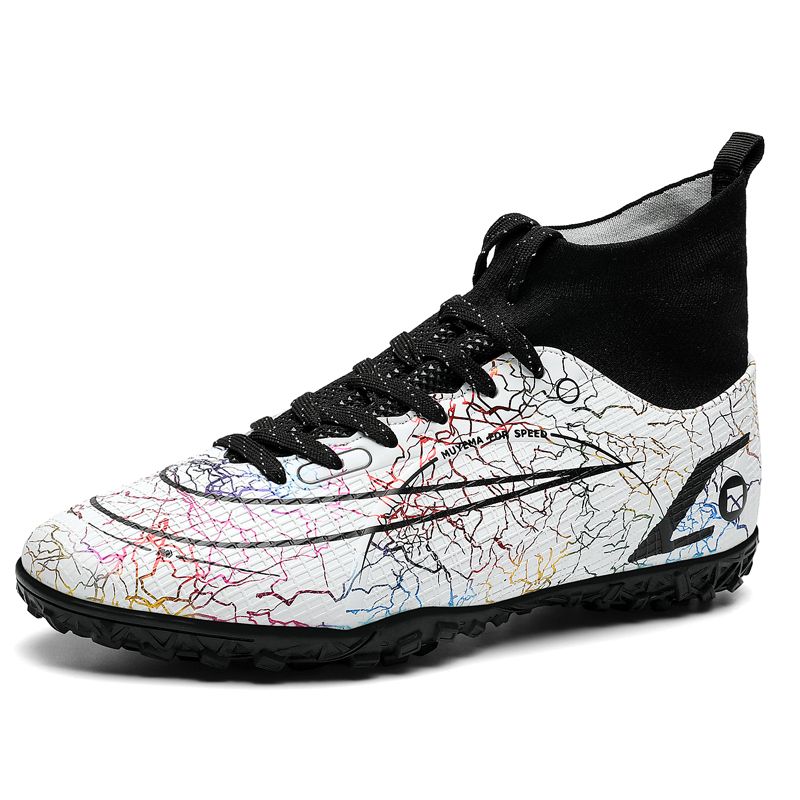 Men's Big Size Leather High-top Turf Ground Football Shoes-White Black