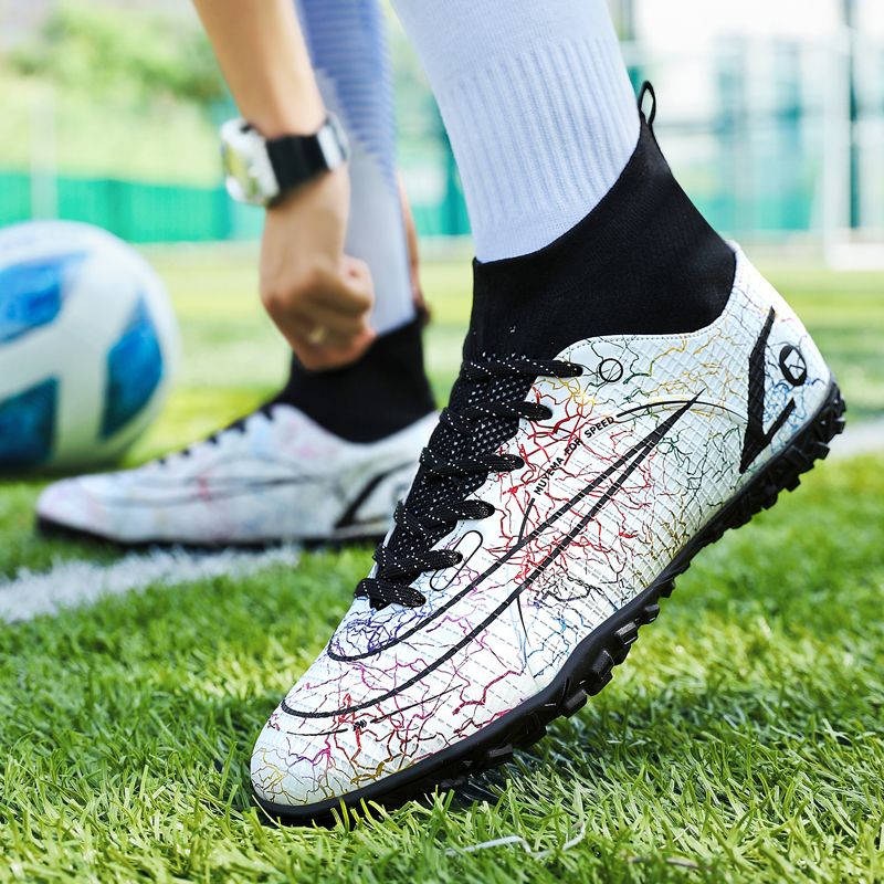 Men's Big Size Leather High-top Turf Ground Football Shoes-White Black