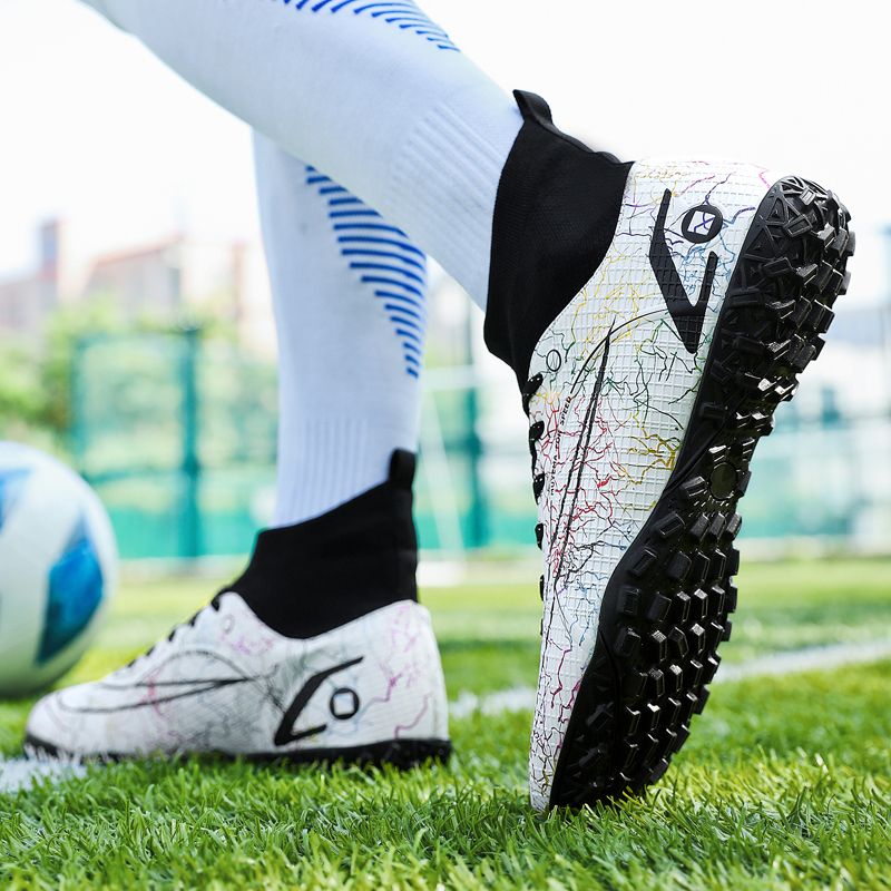 Men's Big Size Leather High-top Turf Ground Football Shoes-White Black