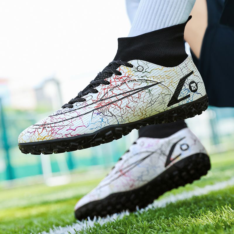 Men's Big Size Leather High-top Turf Ground Football Shoes-White Black