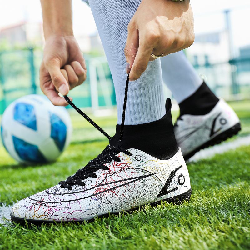 Men's Big Size Leather High-top Turf Ground Football Shoes-White Black