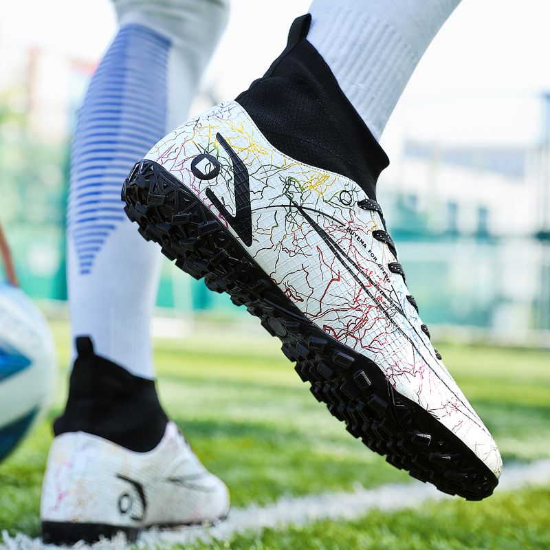 Men's Big Size Leather High-top Turf Ground Football Shoes-White Black