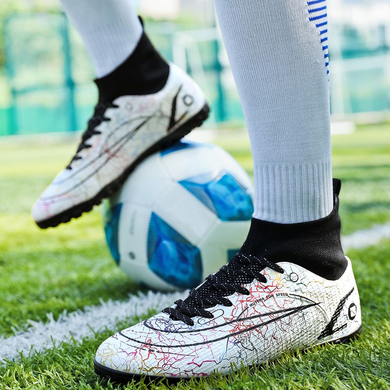 Men's Big Size Leather High-top Turf Ground Football Shoes-White Black
