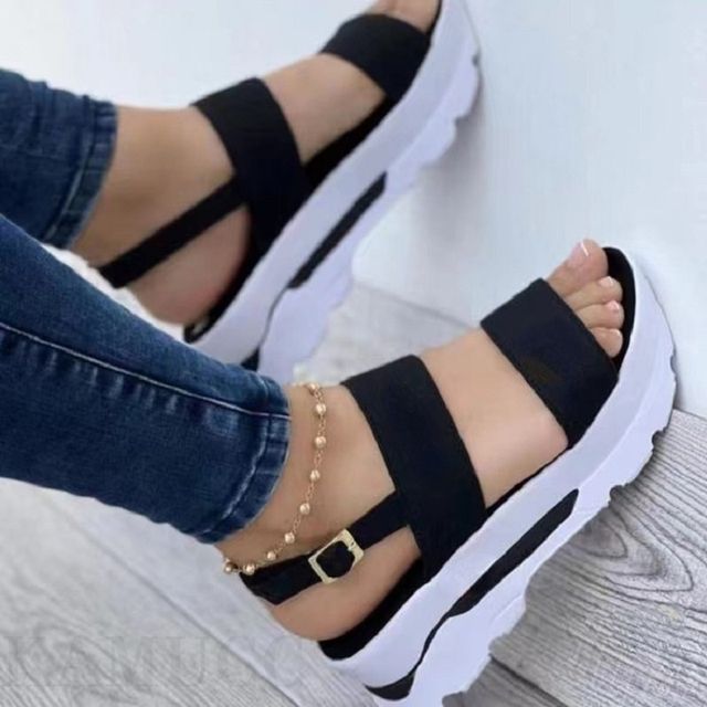 Women Sandals Heels Woman Platform Wedges Shoes Ladies Summer Sandals Buckle Non_slip Beach Sandals Plus Size 35~43(#Black)