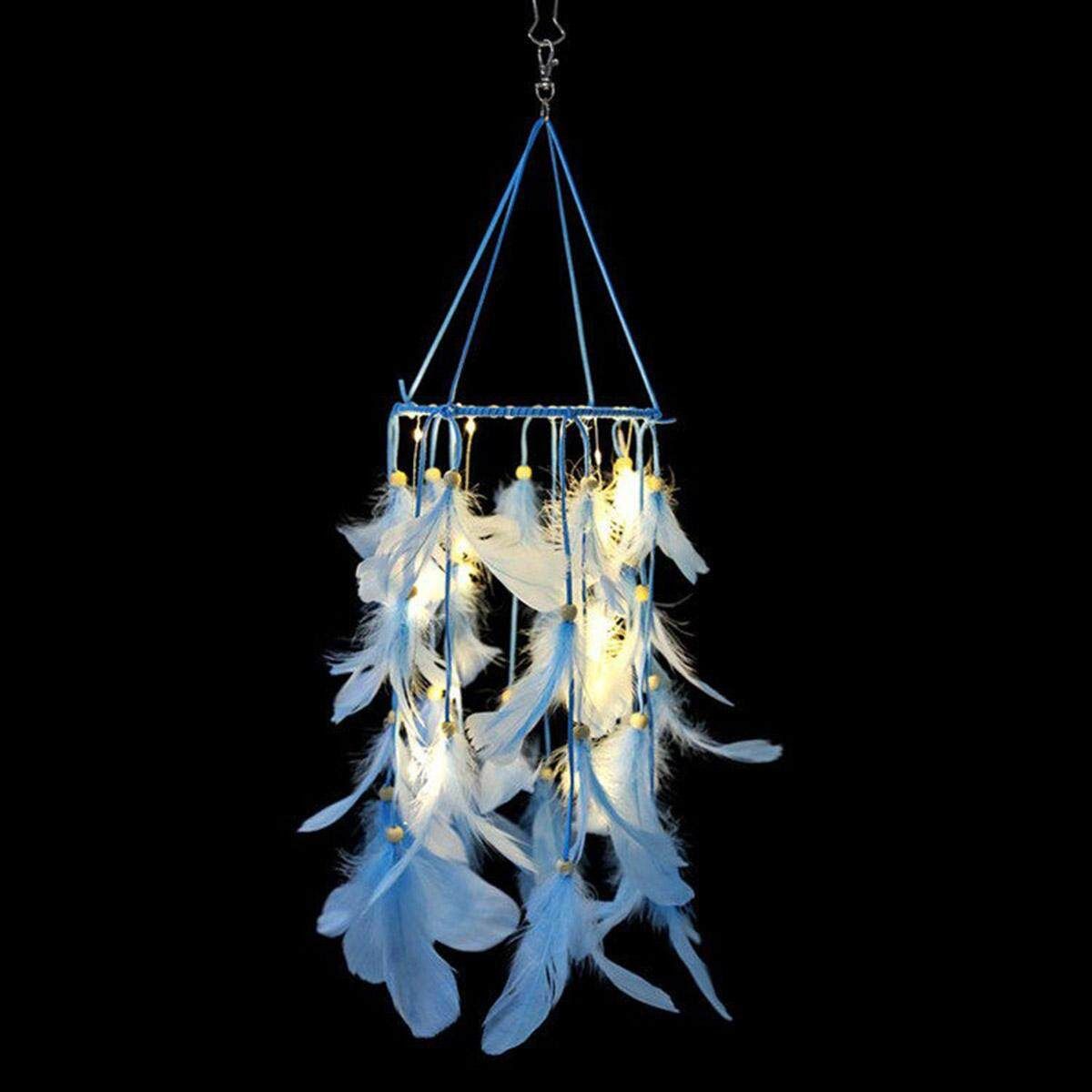 Handmade Dream Catcher LED Light Feathers Room Hanging Craft Home Decor 2 Colors Blue With Light