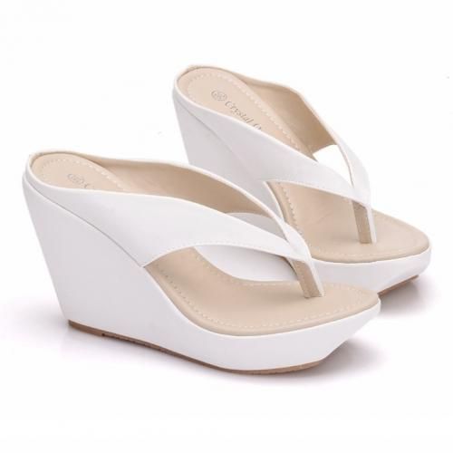 Women Fashion High Heels Platform Wedges Slippers Flip Flops Summer Wedges Shoes-White