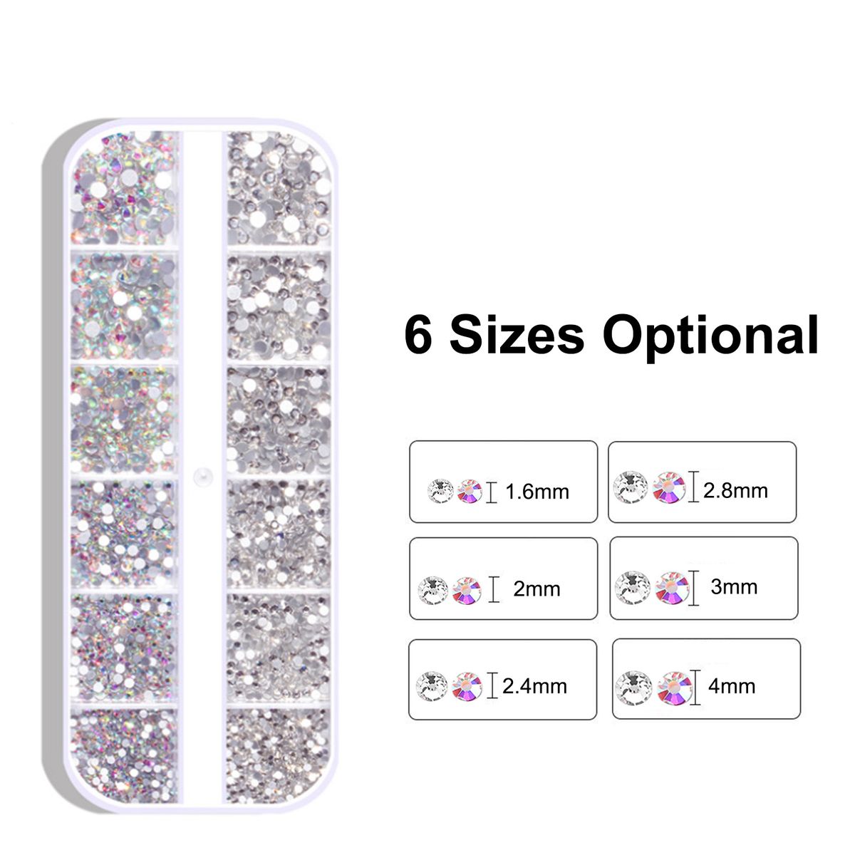 1800 Pcs Nail Arts Rhinestone Kit Crystal Decoration Gems 6 Sizes (1.6-4 Mm) Round Iridescent Glass