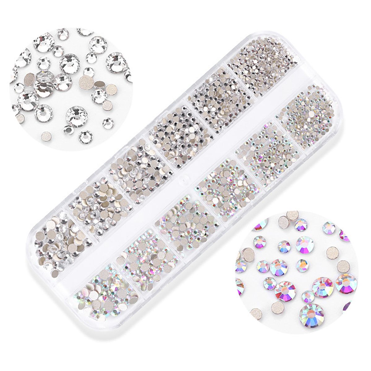 1800 Pcs Nail Arts Rhinestone Kit Crystal Decoration Gems 6 Sizes (1.6-4 Mm) Round Iridescent Glass