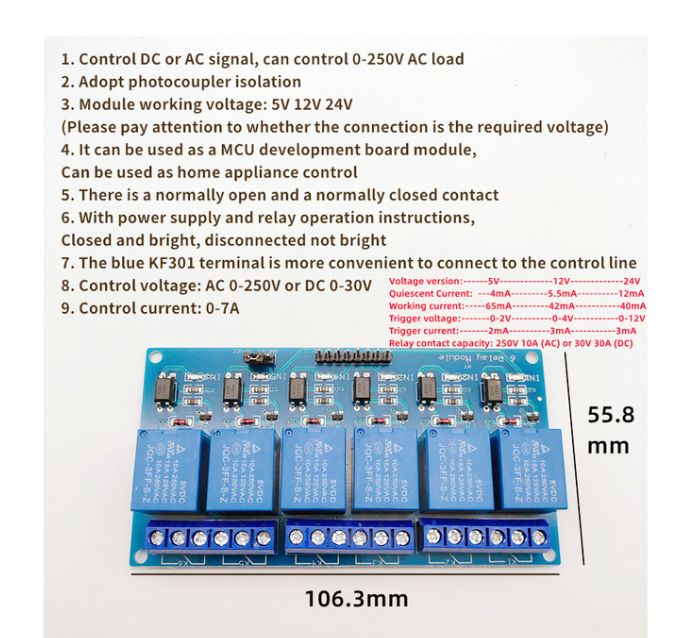 Low Level Trigger Relay Module,24V,6 Channels Optocoupler