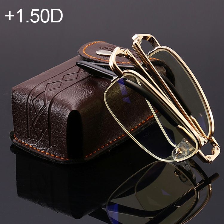 Folding Anti Blue-ray Presbyopic Reading Glasses With Case & Cleaning Cloth, +1.50D(Gold)