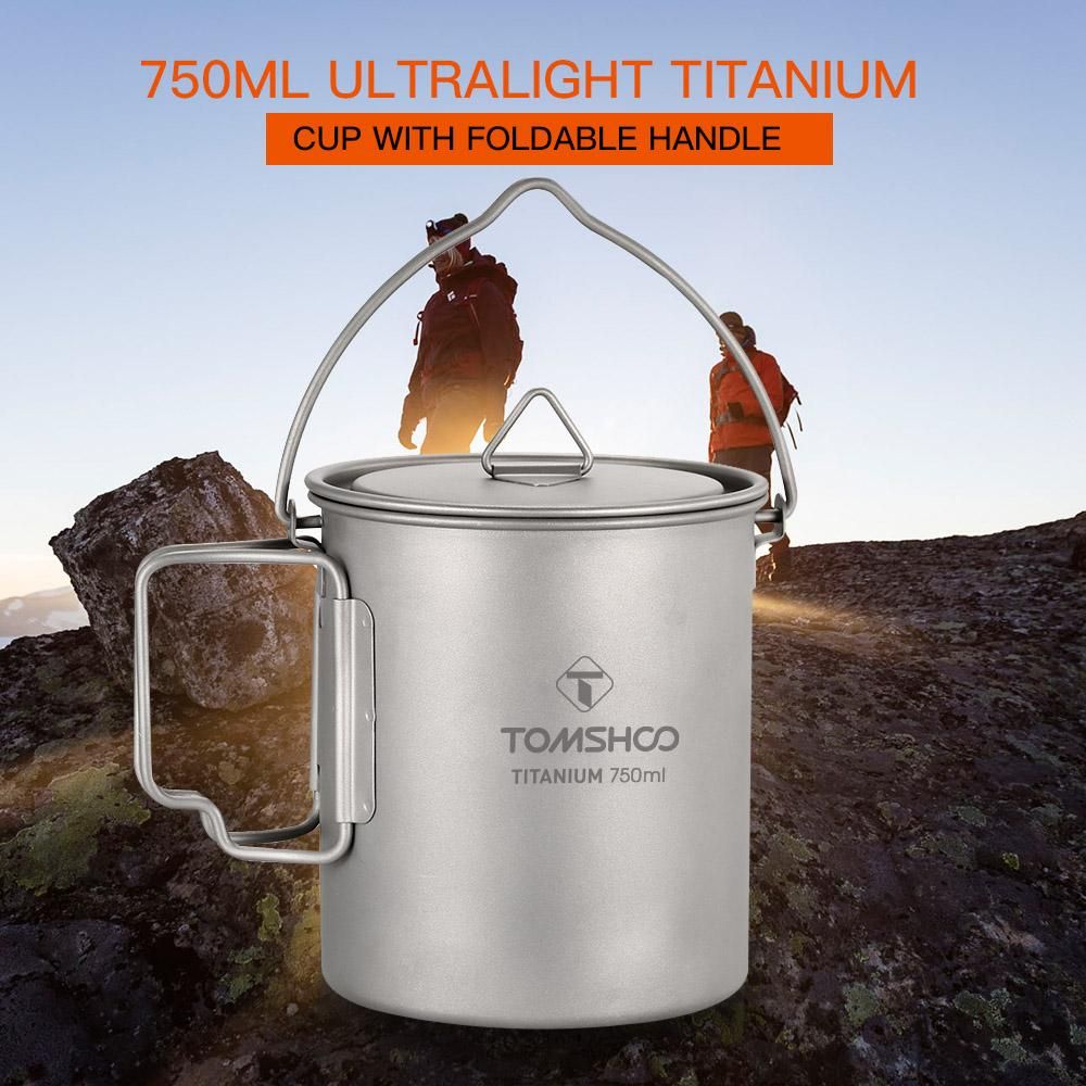 TOMSHOO Ultralight 750ml Titanium Pot Portable Titanium Water Mug Cup with Lid and Foldable Handle Outdoor Camping Cooking Picnic
