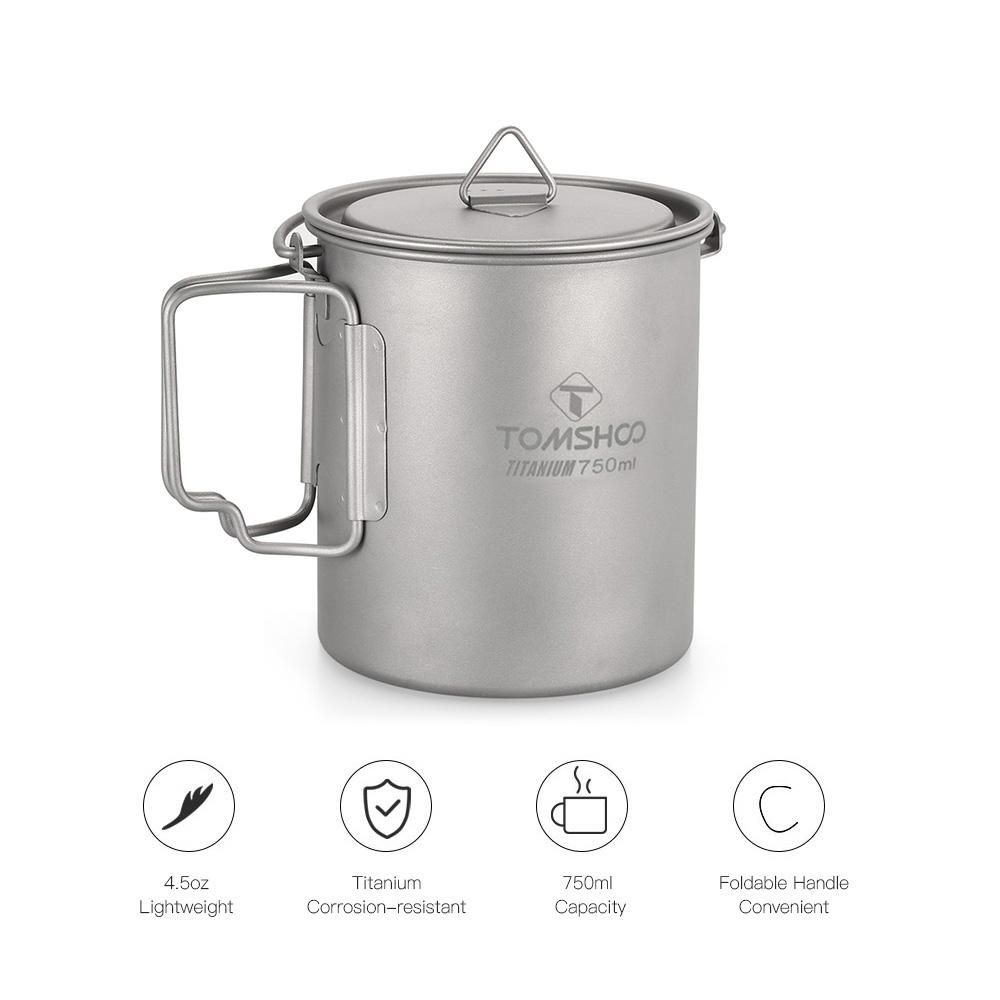 TOMSHOO Ultralight 750ml Titanium Pot Portable Titanium Water Mug Cup with Lid and Foldable Handle Outdoor Camping Cooking Picnic