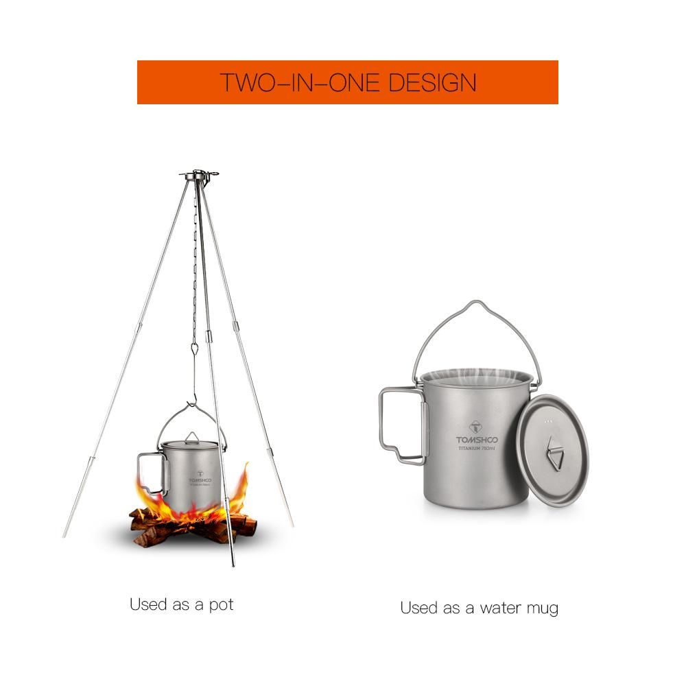 TOMSHOO Ultralight 750ml Titanium Pot Portable Titanium Water Mug Cup with Lid and Foldable Handle Outdoor Camping Cooking Picnic