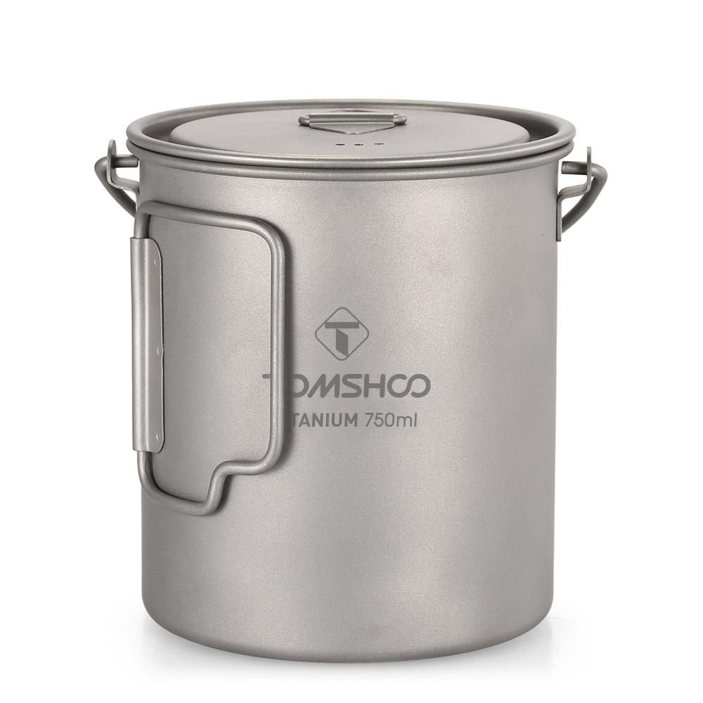 TOMSHOO Ultralight 750ml Titanium Pot Portable Titanium Water Mug Cup with Lid and Foldable Handle Outdoor Camping Cooking Picnic