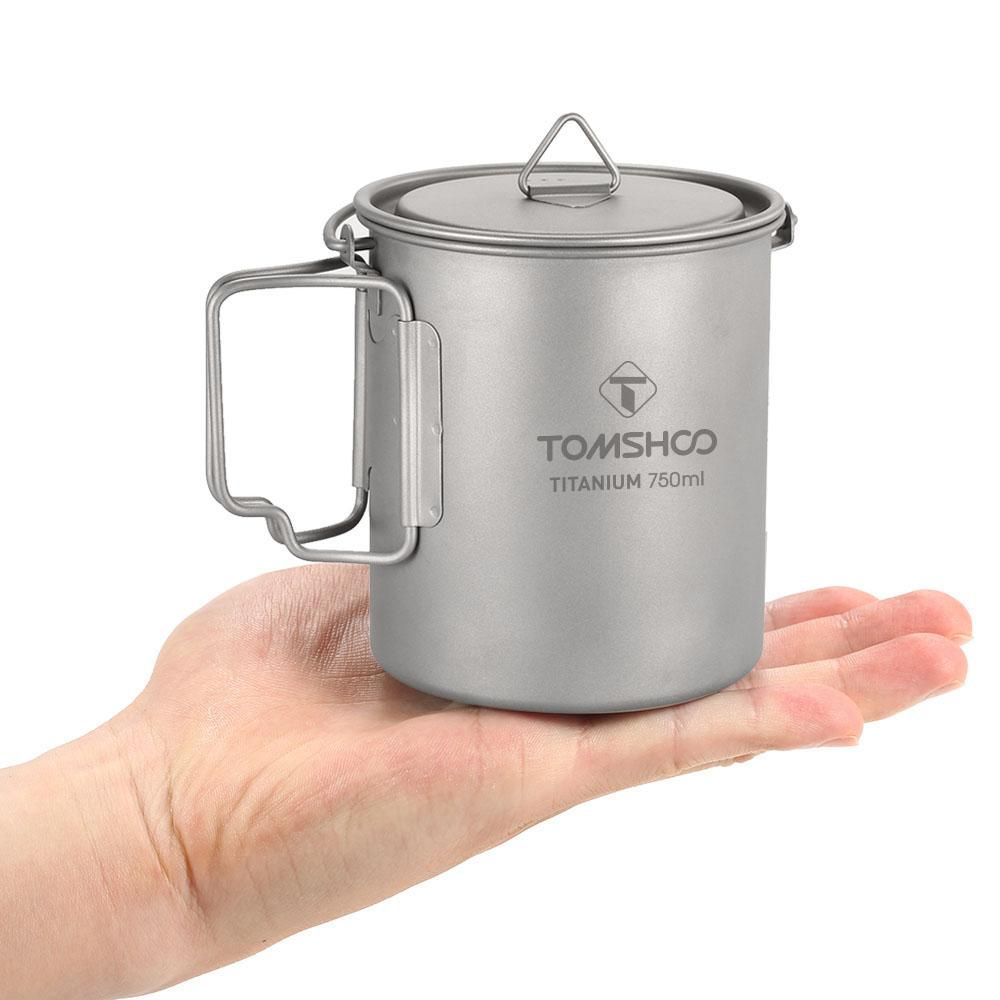 TOMSHOO Ultralight 750ml Titanium Pot Portable Titanium Water Mug Cup with Lid and Foldable Handle Outdoor Camping Cooking Picnic