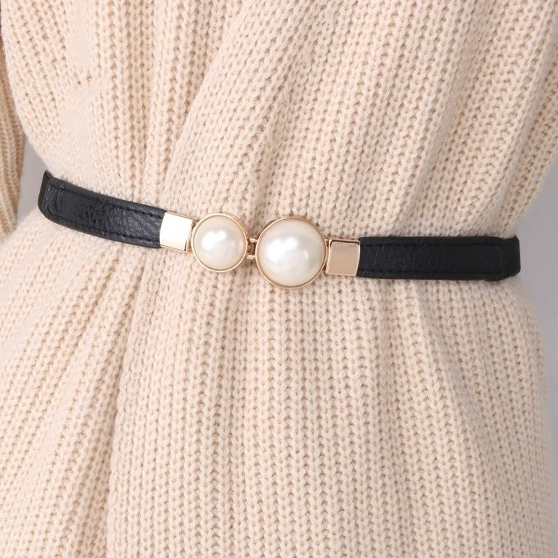 Creative Pearl Buckle Belt PU Leather Dress Skirt Waist Elastic Thin Women Belts Ladies Waistband(#Black)