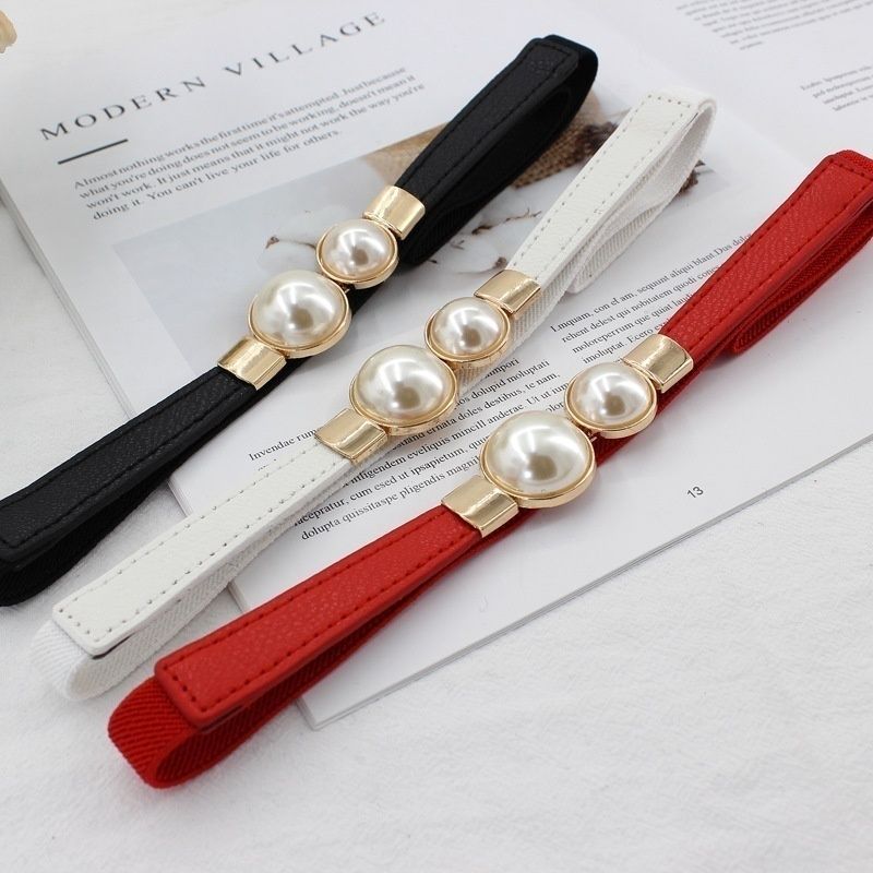 Creative Pearl Buckle Belt PU Leather Dress Skirt Waist Elastic Thin Women Belts Ladies Waistband(#Black)