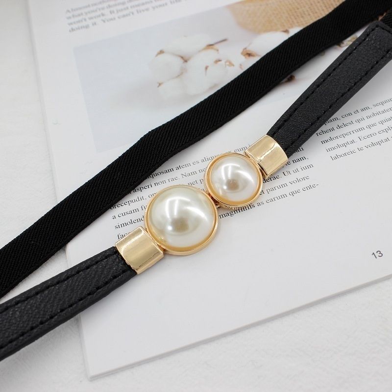 Creative Pearl Buckle Belt PU Leather Dress Skirt Waist Elastic Thin Women Belts Ladies Waistband(#Black)