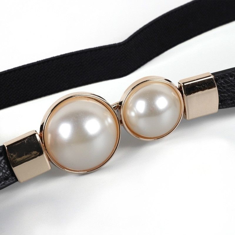 Creative Pearl Buckle Belt PU Leather Dress Skirt Waist Elastic Thin Women Belts Ladies Waistband(#Black)