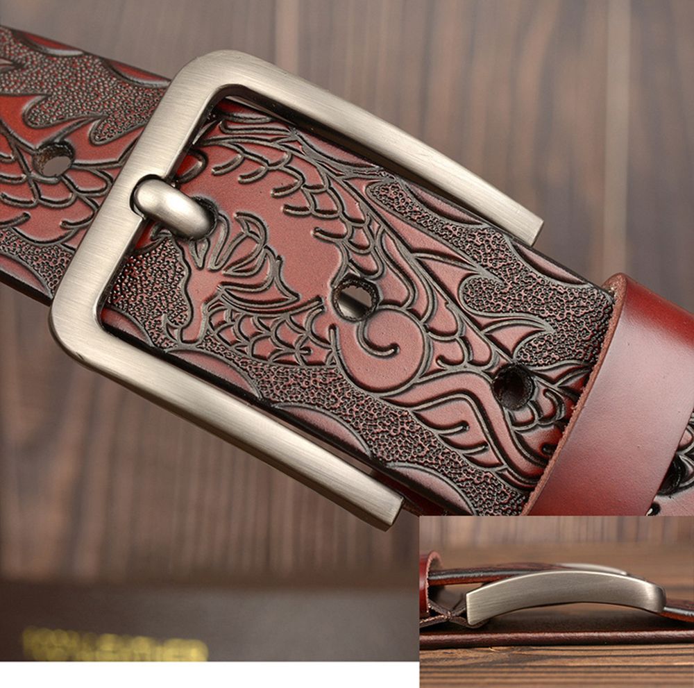 Men Western Embossed Vintage Pin Buckle Genuine Leather Belt-Red