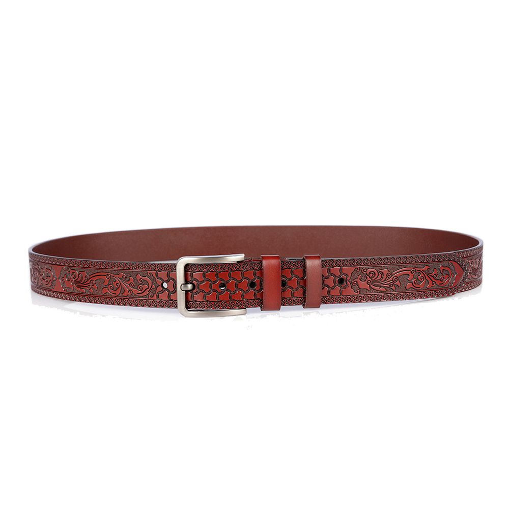 Men Western Embossed Vintage Pin Buckle Genuine Leather Belt-Red