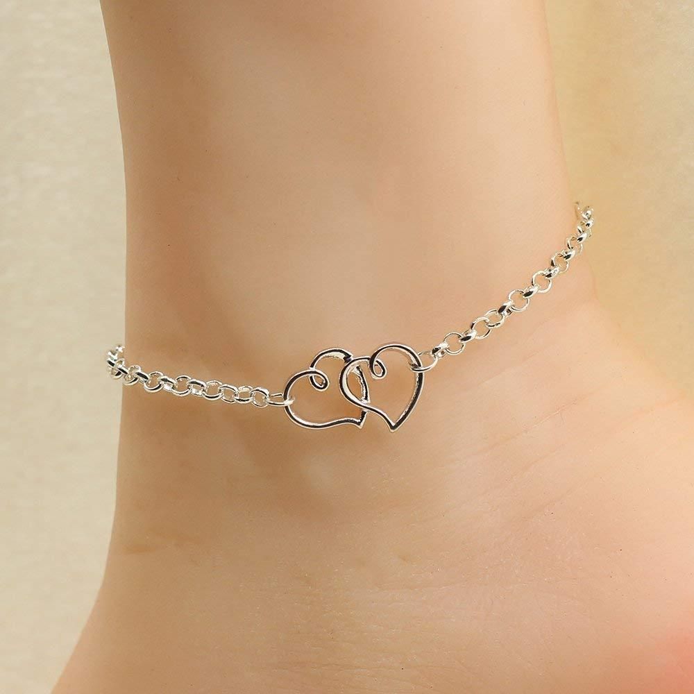 Women Double Heart Charm Anklet Bracelet Barefoot Sandal