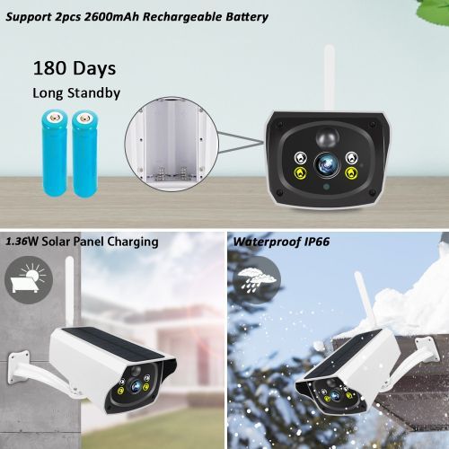 With 128g Card 3MP IR & LED Night Vision  WiFi Wireless Solar WiFi Camera IP66 Waterproof Outdoor Security IP Camera Two-Way Audio PIR Human Motion Detection CCTV