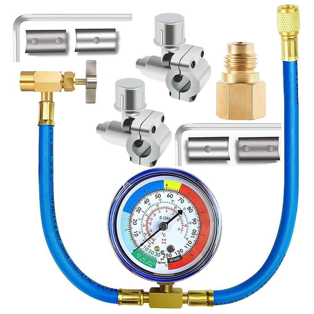 R134A Refrigerator Freon Recharge Hose Kit R134A AC Refrigerant Charging Hose Gauge Piercing Valve Hose Refrigerant