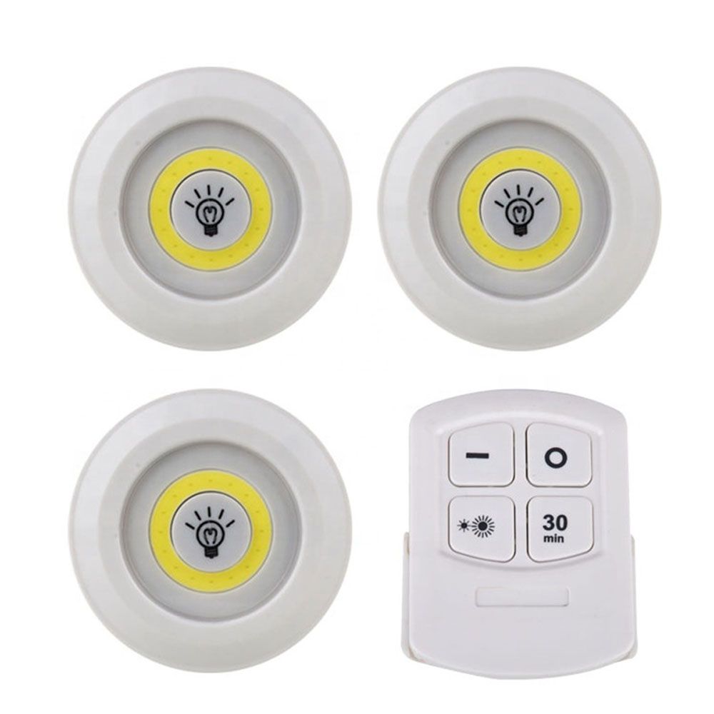 Battery Operated Dimmable LED Under Cabinet Light COB LED Puck Lights Closets Lights With Remote Control For Wardrobe Bathroom-Dimmble-1Remote 3Lamp
