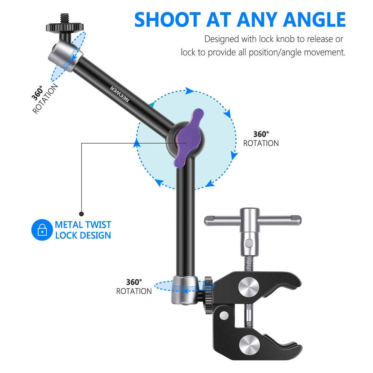 Super Clamp With 1/4"&3/8" Thread And 9.8"/25cm Adjustable Magic Arm With 1/4" Screws On Both Ends Compatible With SmallRig Cage, Flash/LED Light/Microphone/Monitor, Max Load 4.4lb/2kg, ST25C