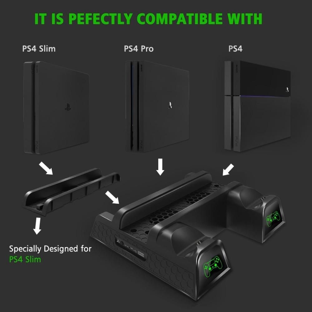PS4/ PS4 Slim/ PS4 Pro Cooler Multifunctional Vertical Cooling Stand PS4 Controller Charger With LED Indicators Charging Dock GDMALL