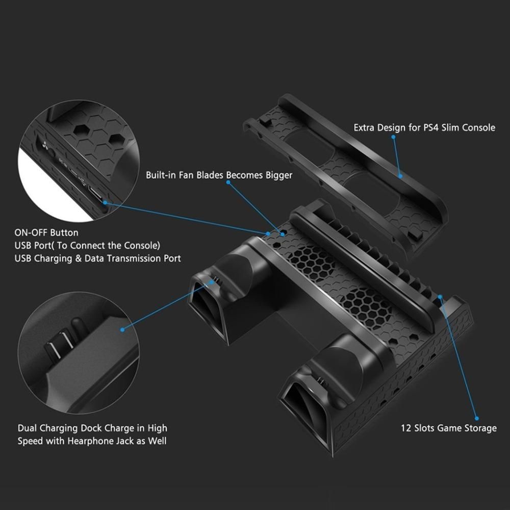 PS4/ PS4 Slim/ PS4 Pro Cooler Multifunctional Vertical Cooling Stand PS4 Controller Charger With LED Indicators Charging Dock GDMALL