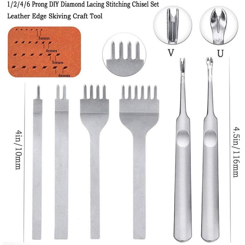 6Pcs 1/2/4/6 Prong DIY Diamond Lacing Stitching Chisel Set Leather Edge Skiving DIY Craft Tool, Industrial Grade White Steels Leather Craft Kits - Rugged Durable (4mm)