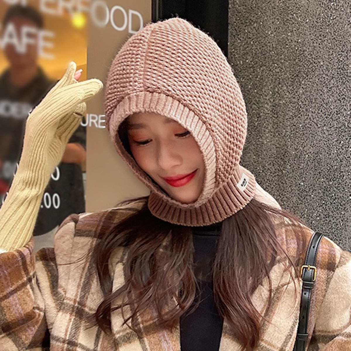 Women Cap Scarf Outdoor Knitted Warm Hat Scarf Khaki