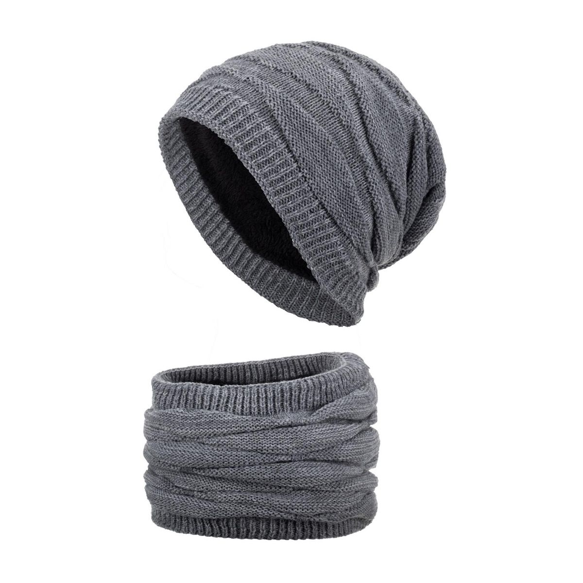 2PcsSet Men Hat Neck Warmer Winter Thermal Men Women Knit Beanie Scarf Kit Grey