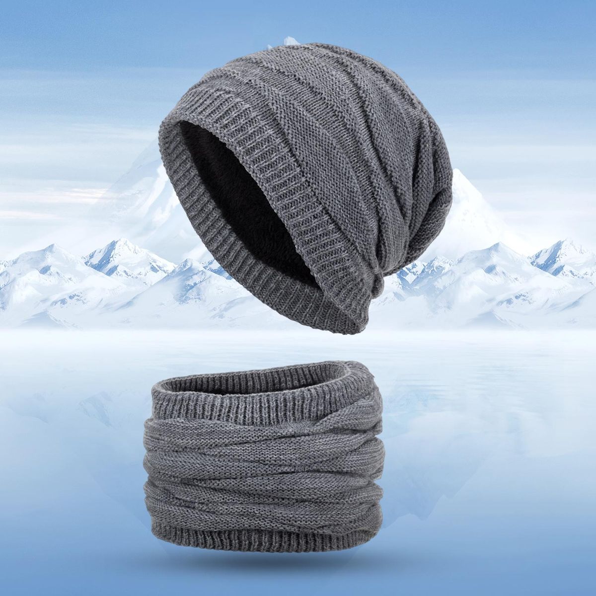 2PcsSet Men Hat Neck Warmer Winter Thermal Men Women Knit Beanie Scarf Kit Grey