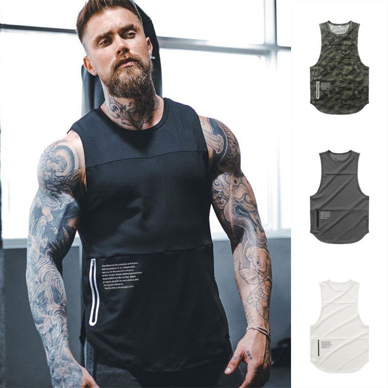 Men Zipper Sleeveless Vest Summer Breathable Quick-drying Male Tight Gyms Clothes Bodybuilding Undershirt Fitness Tank Tops-black