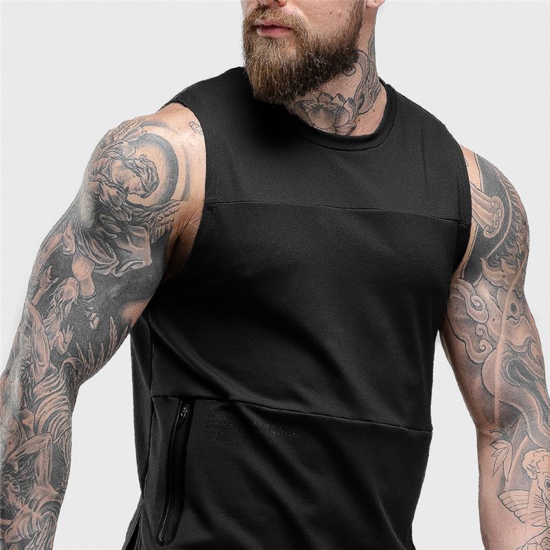Men Zipper Sleeveless Vest Summer Breathable Quick-drying Male Tight Gyms Clothes Bodybuilding Undershirt Fitness Tank Tops-black