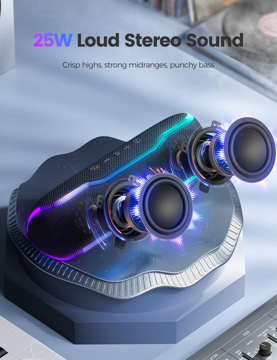Portable Bluetooth Speaker, IPX7 Waterproof Wireless Speaker with Colorful Flashing Lights, 25W Super Bass with 24H Playtime, 100ft Bluetooth Range,Pairing for Outdoor, Home, Party,Travel