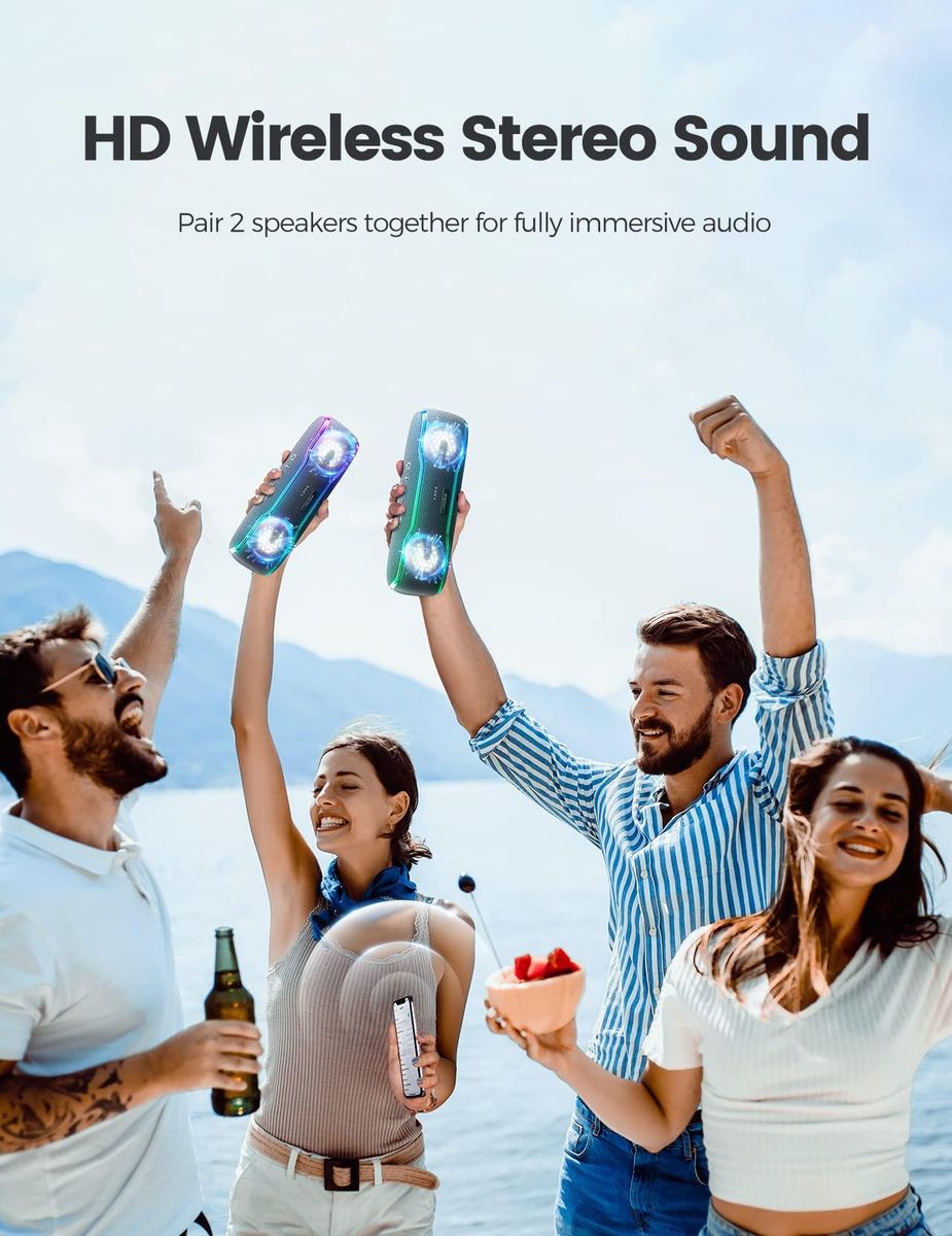Portable Bluetooth Speaker, IPX7 Waterproof Wireless Speaker with Colorful Flashing Lights, 25W Super Bass with 24H Playtime, 100ft Bluetooth Range,Pairing for Outdoor, Home, Party,Travel