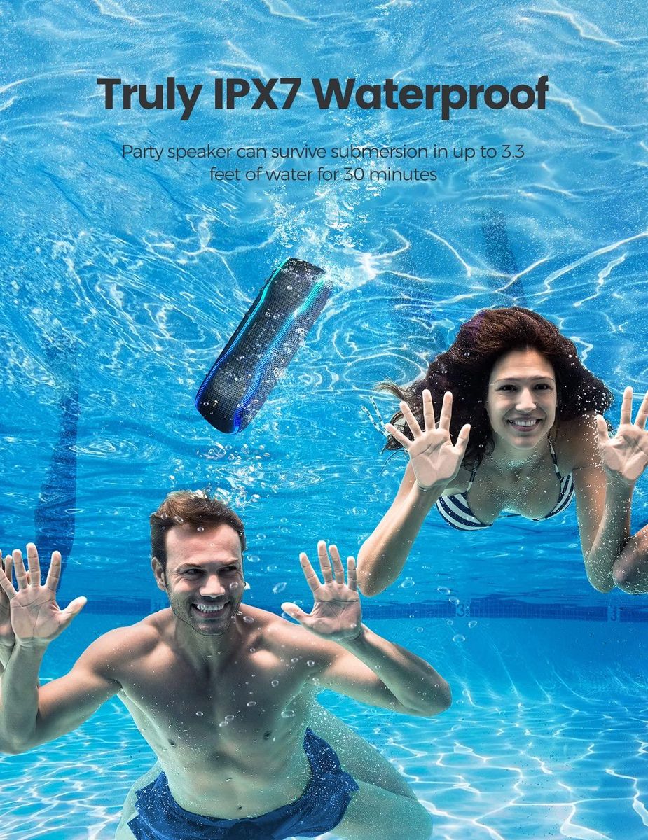 Portable Bluetooth Speaker, IPX7 Waterproof Wireless Speaker with Colorful Flashing Lights, 25W Super Bass with 24H Playtime, 100ft Bluetooth Range,Pairing for Outdoor, Home, Party,Travel
