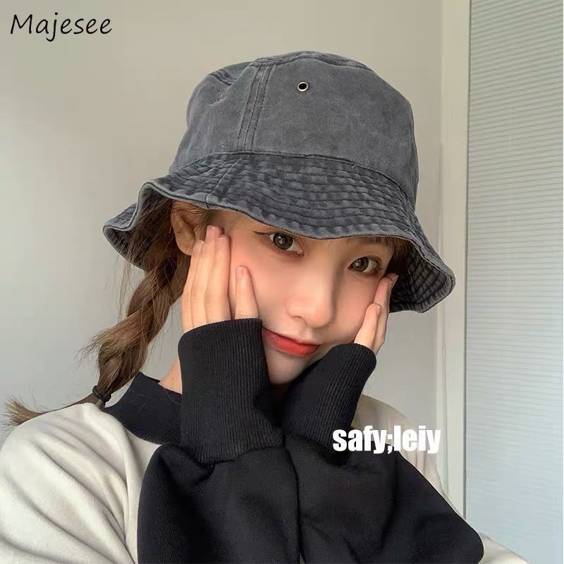 (L58-60)Bucket Hats Women Soft Denim Cotton Solid Decorate Sun Shade Korean