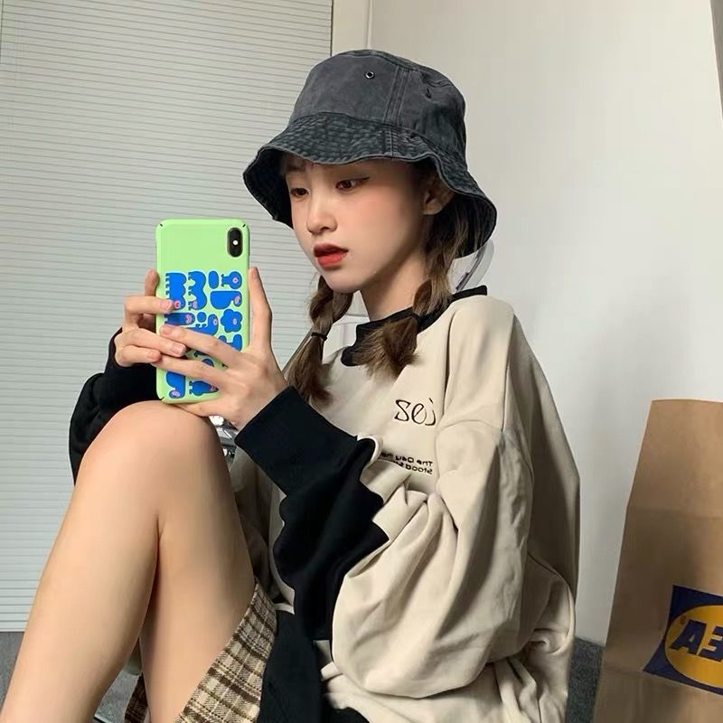 (L58-60)Bucket Hats Women Soft Denim Cotton Solid Decorate Sun Shade Korean