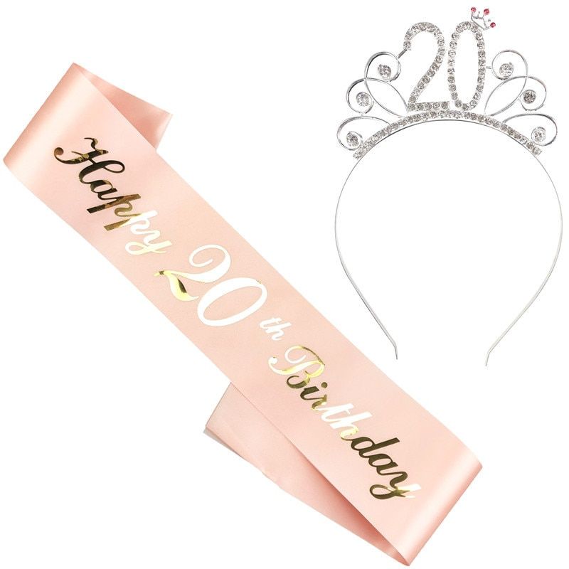 16/18/20/30/40/50 Happy Birthday Party Shoulder Strap Crown Set Rose Gold Letters Party Decoration 18 Years Old Shower Gift 16 Headband