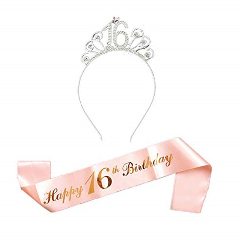 16/18/20/30/40/50 Happy Birthday Party Shoulder Strap Crown Set Rose Gold Letters Party Decoration 18 Years Old Shower Gift 16 Headband