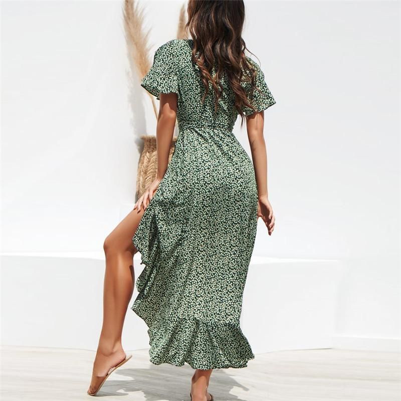 2020 spring sexy V-neck irregular high waist lace chiffon printed dress
