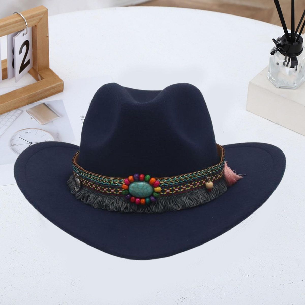 Men Women Fedora Hat Ethnic Style Beaded Fedora Hat Woolen Top for Men Navy Blue