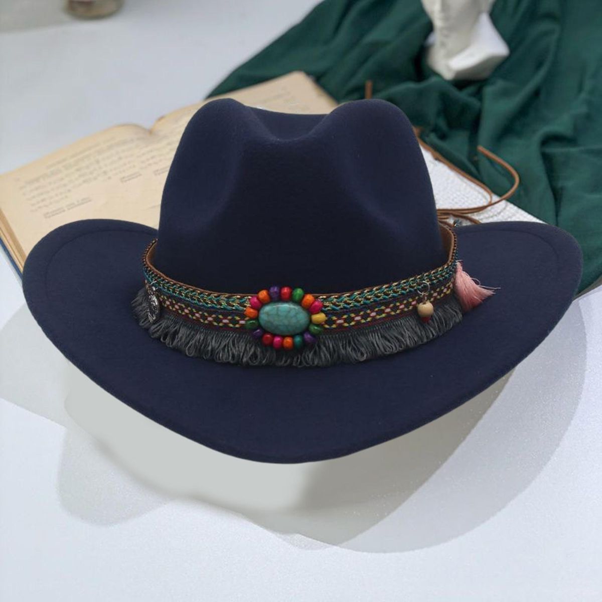 Men Women Fedora Hat Ethnic Style Beaded Fedora Hat Woolen Top for Men Navy Blue